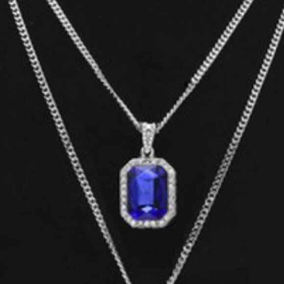 💝 Silver Necklaces with Blue Sapphire Gemstone and Iced Out Gold Cross Pendant - Picture 3 of 3